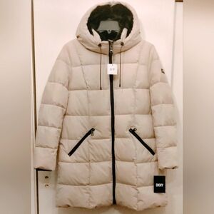 DKNY Faux Fur-Trim Hooded Puffer Beige Coat Women's Size XL. #DKNY